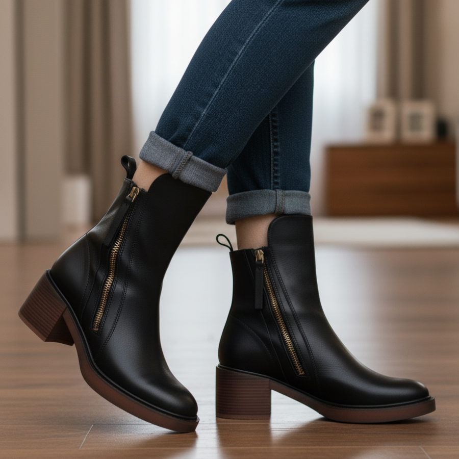 Lefèvre™ Botte en cuir noire avec un talon confortable, élégante et intemporelle
