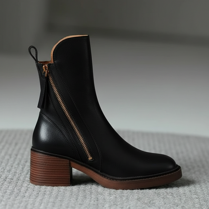 Lefèvre™ Botte en cuir noire avec un talon confortable, élégante et intemporelle