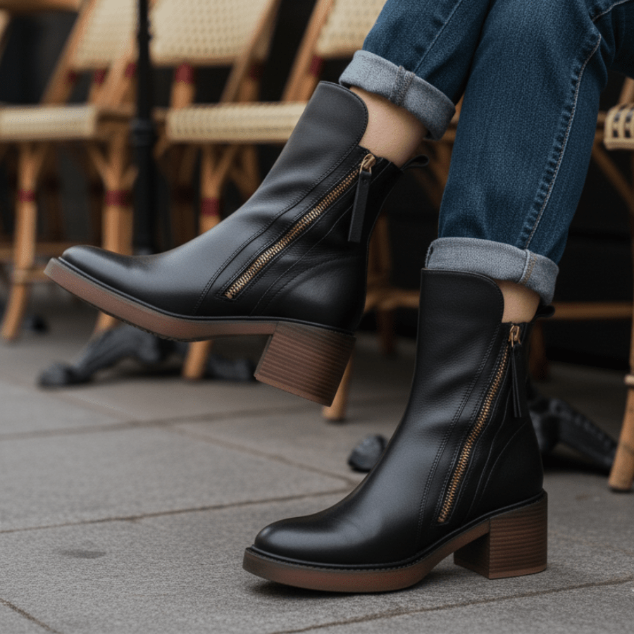 Lefèvre™ Botte en cuir noire avec un talon confortable, élégante et intemporelle