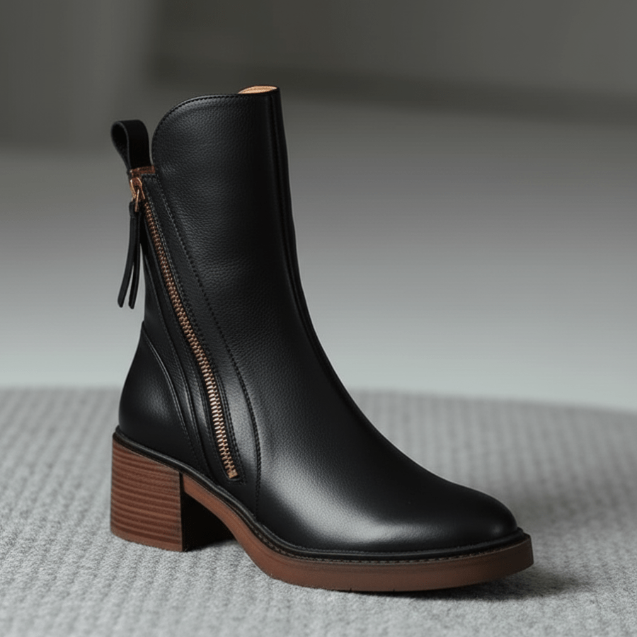 Lefèvre™ Botte en cuir noire avec un talon confortable, élégante et intemporelle