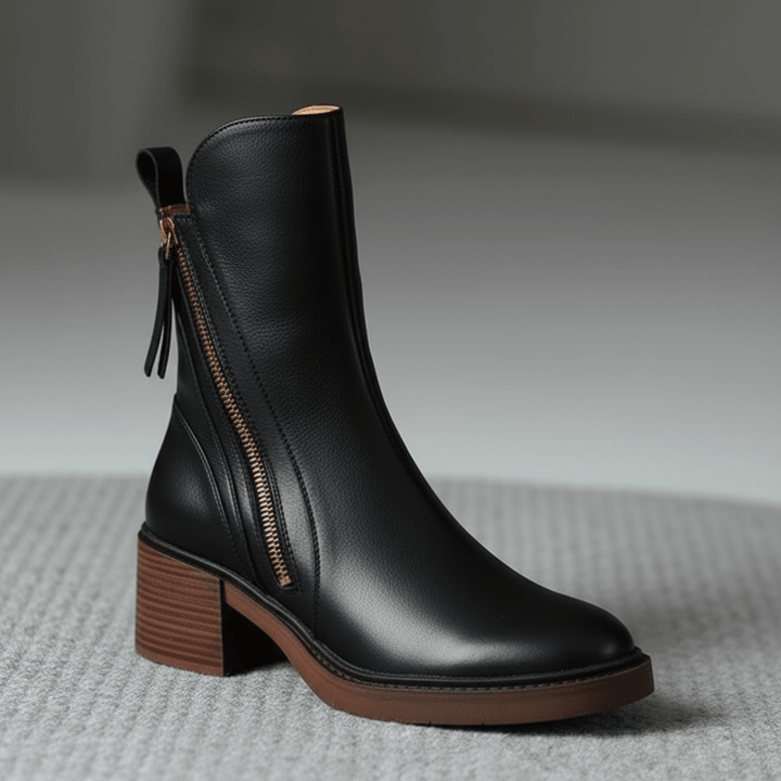 Lefèvre™ Botte en cuir noire avec un talon confortable, élégante et intemporelle
