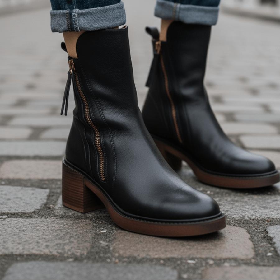 Lefèvre™ Botte en cuir noire avec un talon confortable, élégante et intemporelle