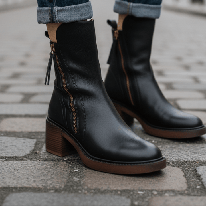 Lefèvre™ Botte en cuir noire avec un talon confortable, élégante et intemporelle