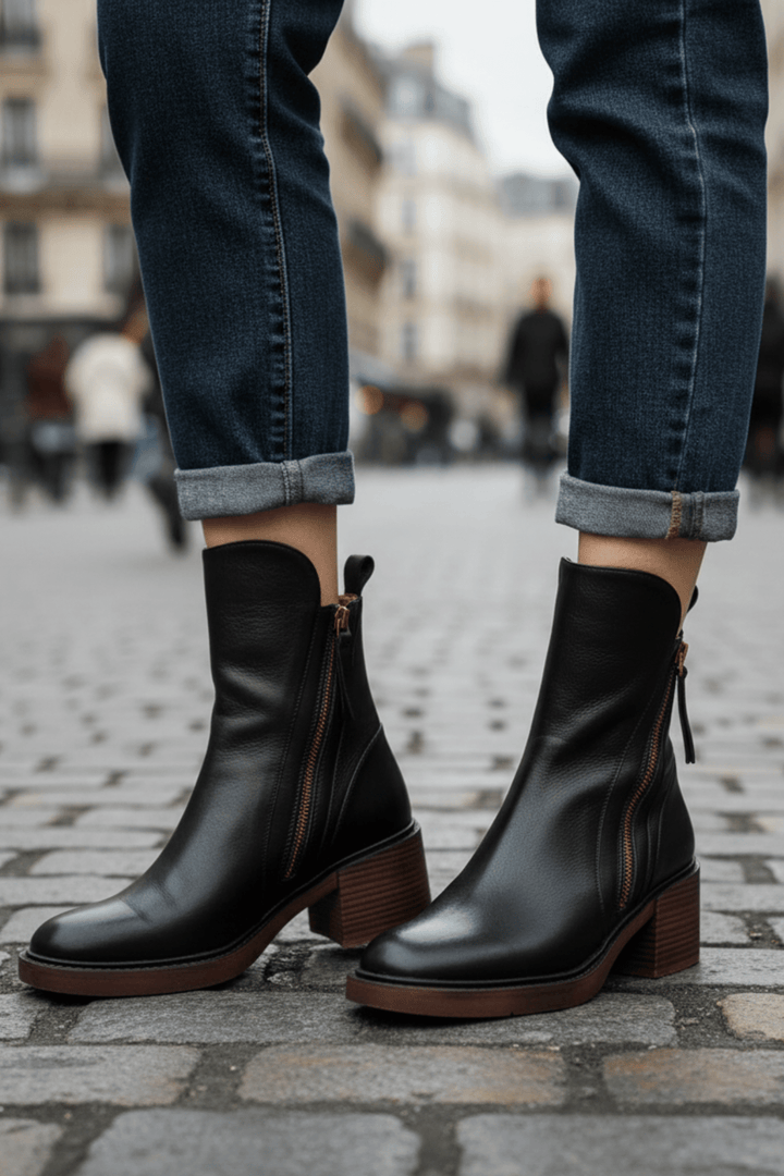 Lefèvre™ Botte en cuir noire avec un talon confortable, élégante et intemporelle