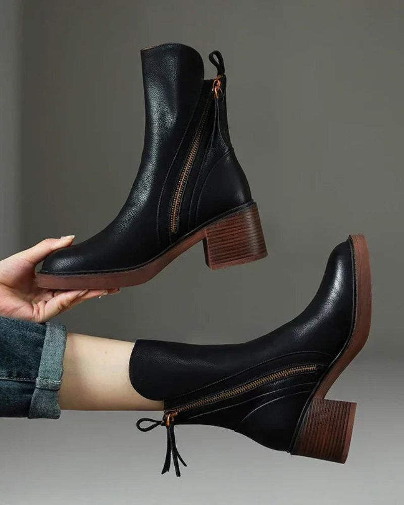 Lefèvre™ Botte en cuir noire avec un talon confortable, élégante et intemporelle