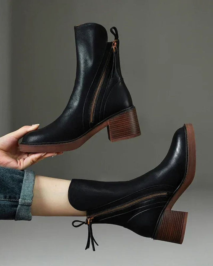 Lefèvre™ Botte en cuir noire avec un talon confortable, élégante et intemporelle